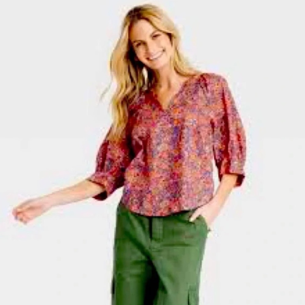 Peasant Blouse Puff‎ Sleeves Pullover Floral Boho - Universal Thread Small